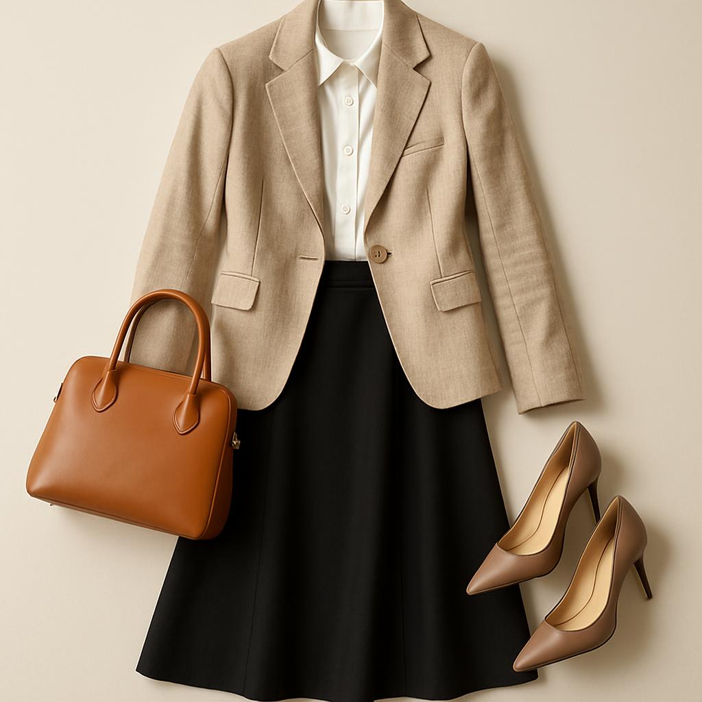 A classic business outfit featuring a tan blazer paired with an off-white dress shirt worn alone as a professional option,...