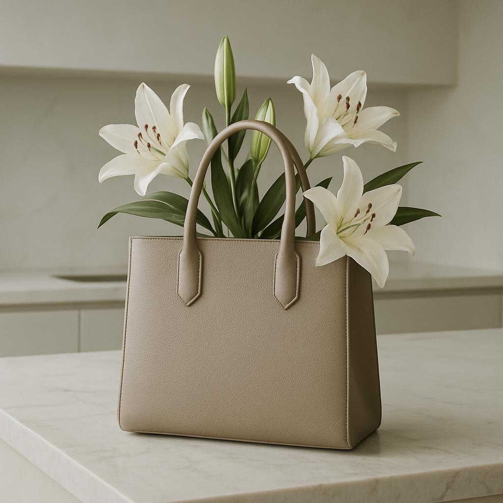 A light tan leather purse sits on a white marble countertop. The purse is centered in the frame, with a small bouquet of w...