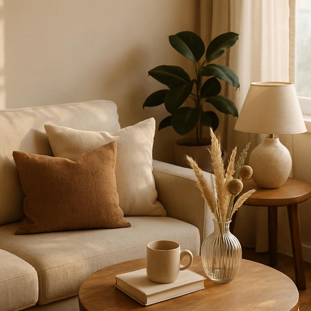 A tan couch with decorative pillows and a short wooden table with a book, mug, and vase of dried flowers next to it, a gre...