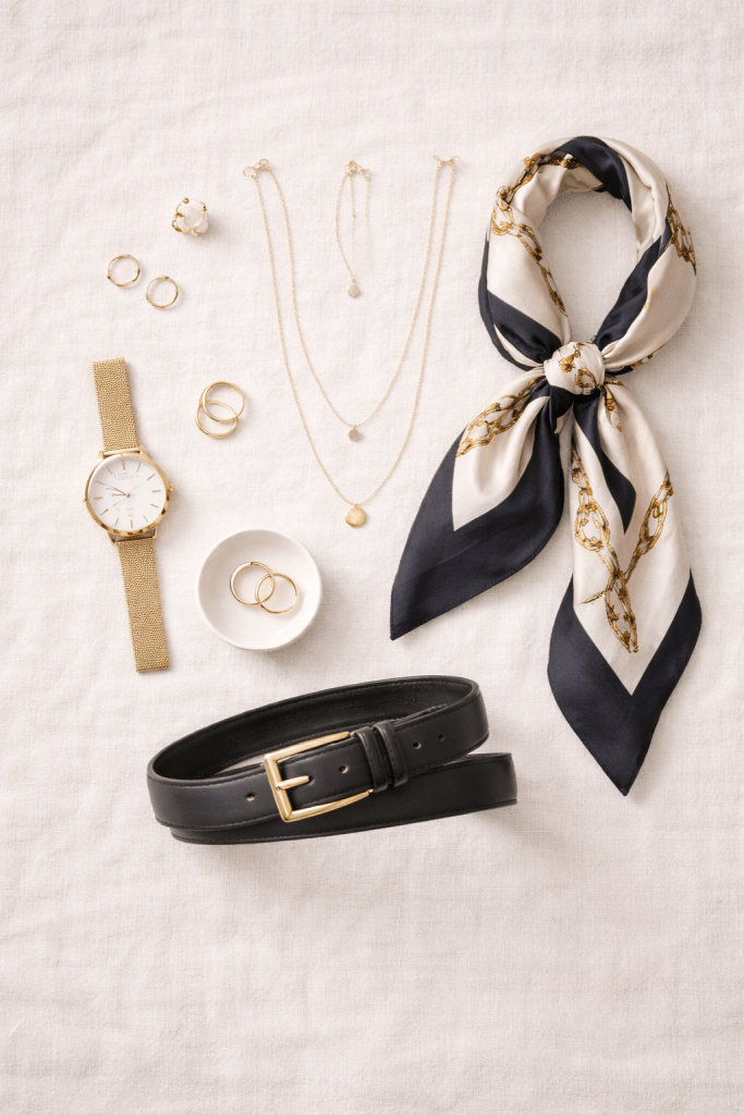 Capsule wardrobe accessories including gold earrings, layered necklaces, a watch, a silk scarf, and a black belt on a neutral fabric background.