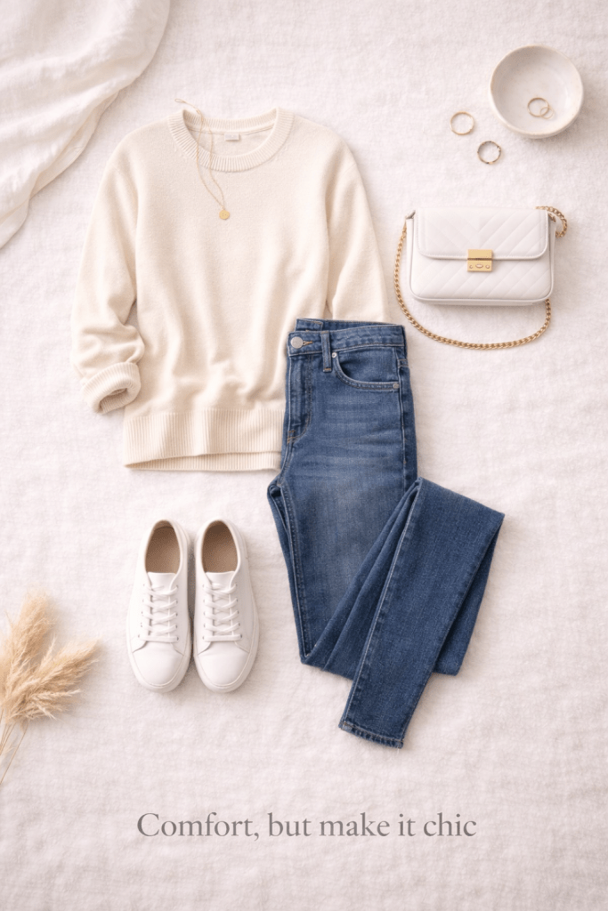 Capsule wardrobe casual outfit with a cream sweater, blue jeans, white sneakers, and a small white crossbody bag arranged on a neutral fabric background.