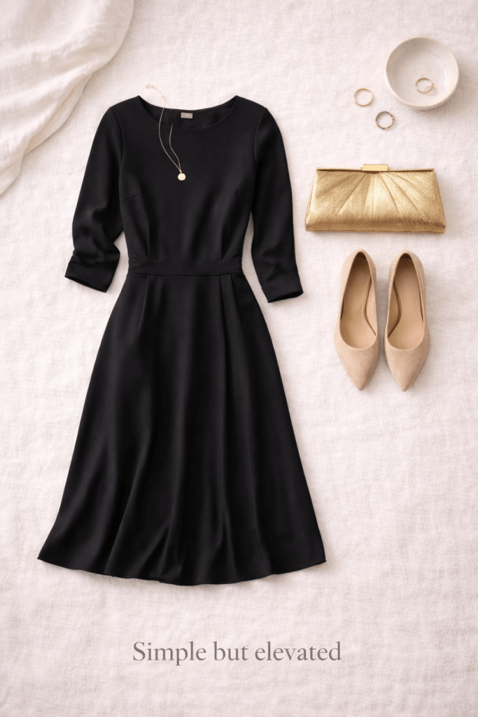 Capsule wardrobe outfit featuring a black midi dress styled with nude heels, a gold clutch bag, and minimal gold jewelry on a neutral background.