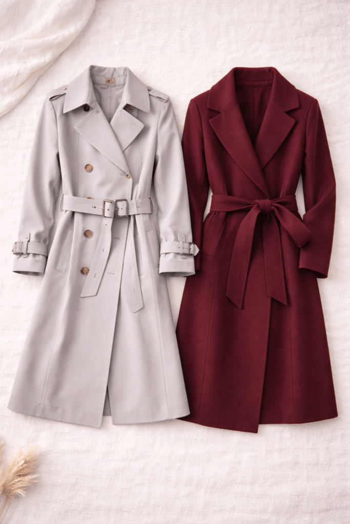 Capsule wardrobe outerwear including a grey trench coat and a burgundy belted coat displayed side by side.