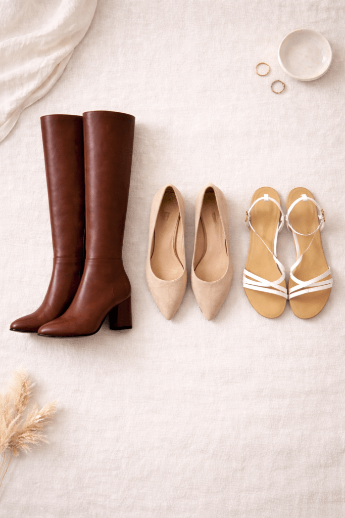 Capsule wardrobe shoes including brown knee boots, beige pointed heels, and white flat sandals displayed on a neutral background.