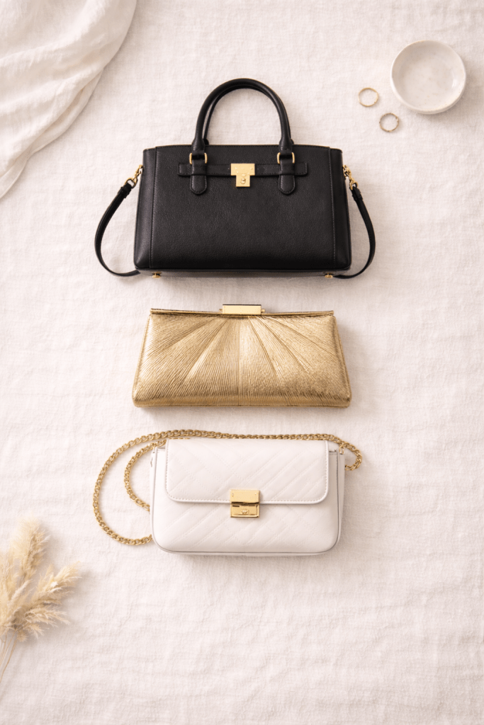 Capsule wardrobe bags including a black structured handbag, a gold clutch, and a white crossbody bag on a neutral background.