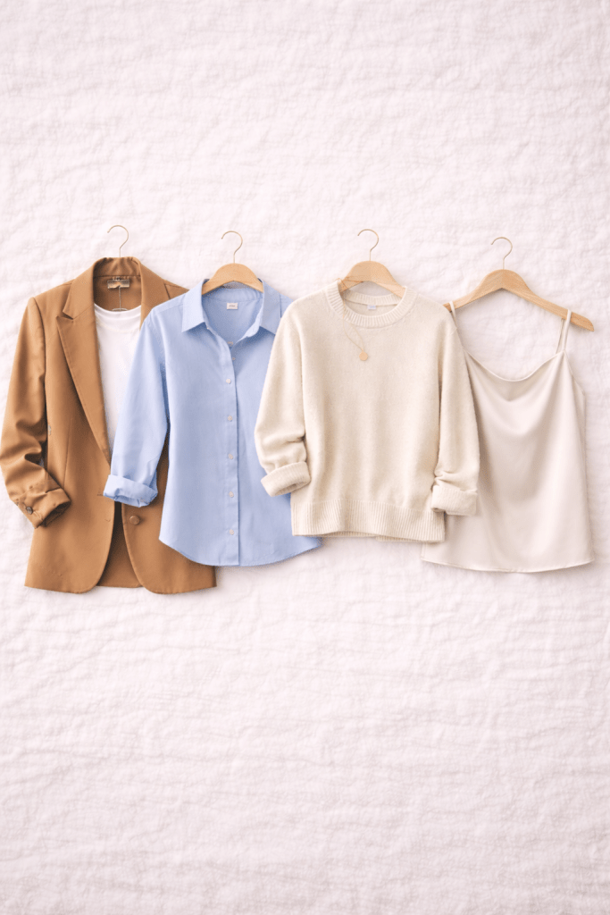 Capsule wardrobe tops including a brown blazer, blue button-down shirt, cream sweater, and neutral tank top on a light background.
