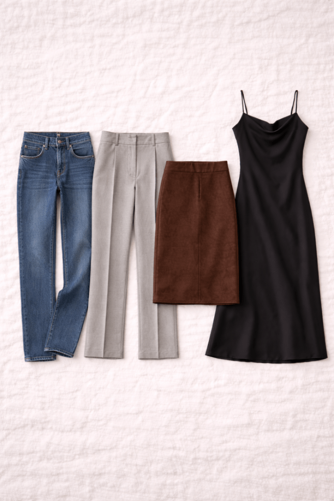 Capsule wardrobe bottoms including jeans, grey tailored trousers, a brown pencil skirt, and a black midi dress laid flat.